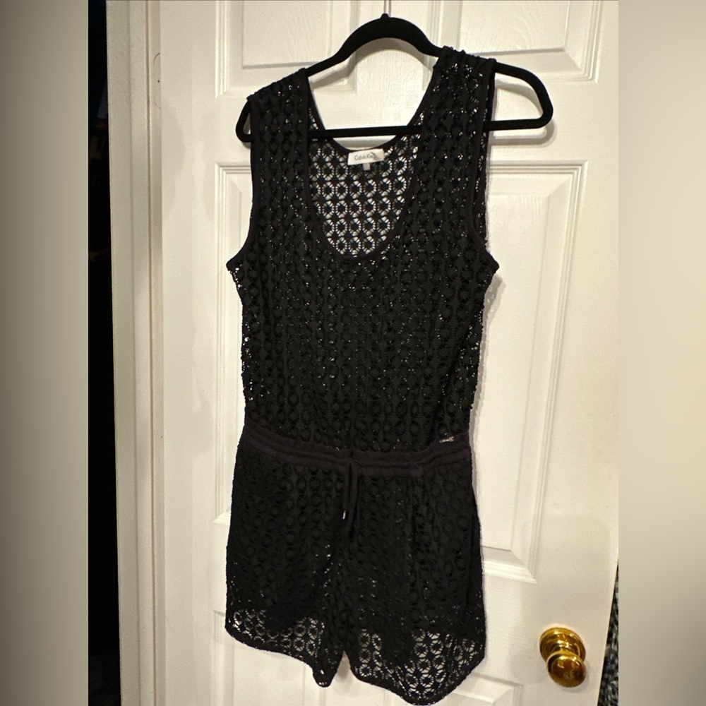 Calvin Klein Romper Shorts L XL Black Womens Lace Swimsuit Coverup Jumpsuit